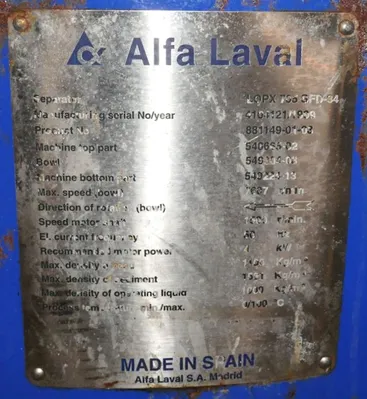 Alfa-Laval LOPX 705 SFD-34 lube oil clarifier centrifuge, SS.