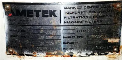 Ametek 26 X 12 perforate basket centrifuge, rubber-lined.