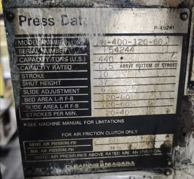 USED 1995 CLEARING NIAGARA CLEARING NIAGARA PN-400-120-60 PRESS