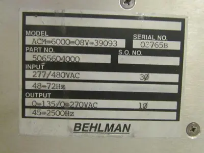 BEHLMAN ACM-6000-08V-39093 Input 277/480VAC 30 48-72Hz Output 0-135/0-270VAC 10