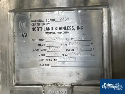 USED Northland 70 Gal Northland Stainless Reactor Body, 316L S/S, 55/70#