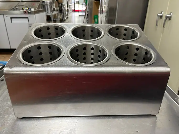 Used Falcon Restaurant Supply Used 6 Hole Stainless Steel Flatware Organizer with Perforated Stainless Steel Cylinders - JD Smallwares Illinois US | Falcon Restaurant Supply #1375214
