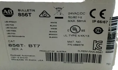 ALLEN BRADLEY 856T-BT7 STACK LIGHT SERIES A 856TBT7 NEW, SURPLUS