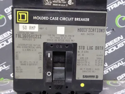 Square D FAL360501212 Circuit Breaker 50 Amps 600VAC w/ Auxiliary Switch Used