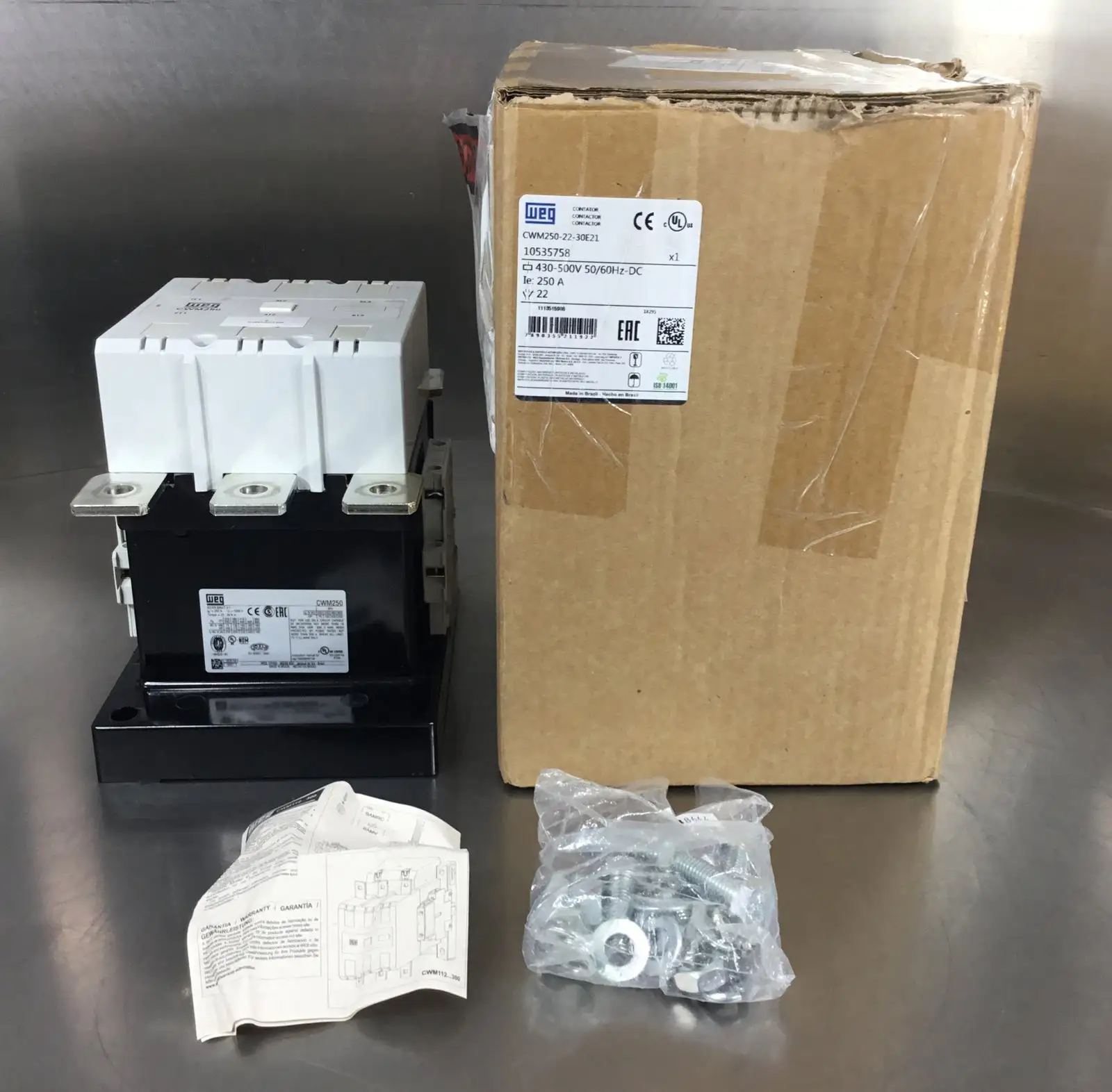 WEG CWM250-22-30E21 Contactor, 250A Coil, 430-500V, 3Ph 4F
