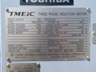 400 HP Toshiba TEMiC Electric Motor Frame 400T 514 RPM 4160V E-OK TIKE-DCK11 New