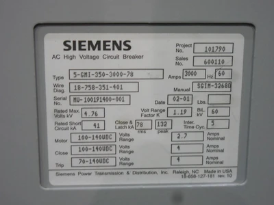 Used Siemens 05-GMI-350-3000-78 Circuit Breakers Ohio US | Equipment Recovery Corp. #1329701