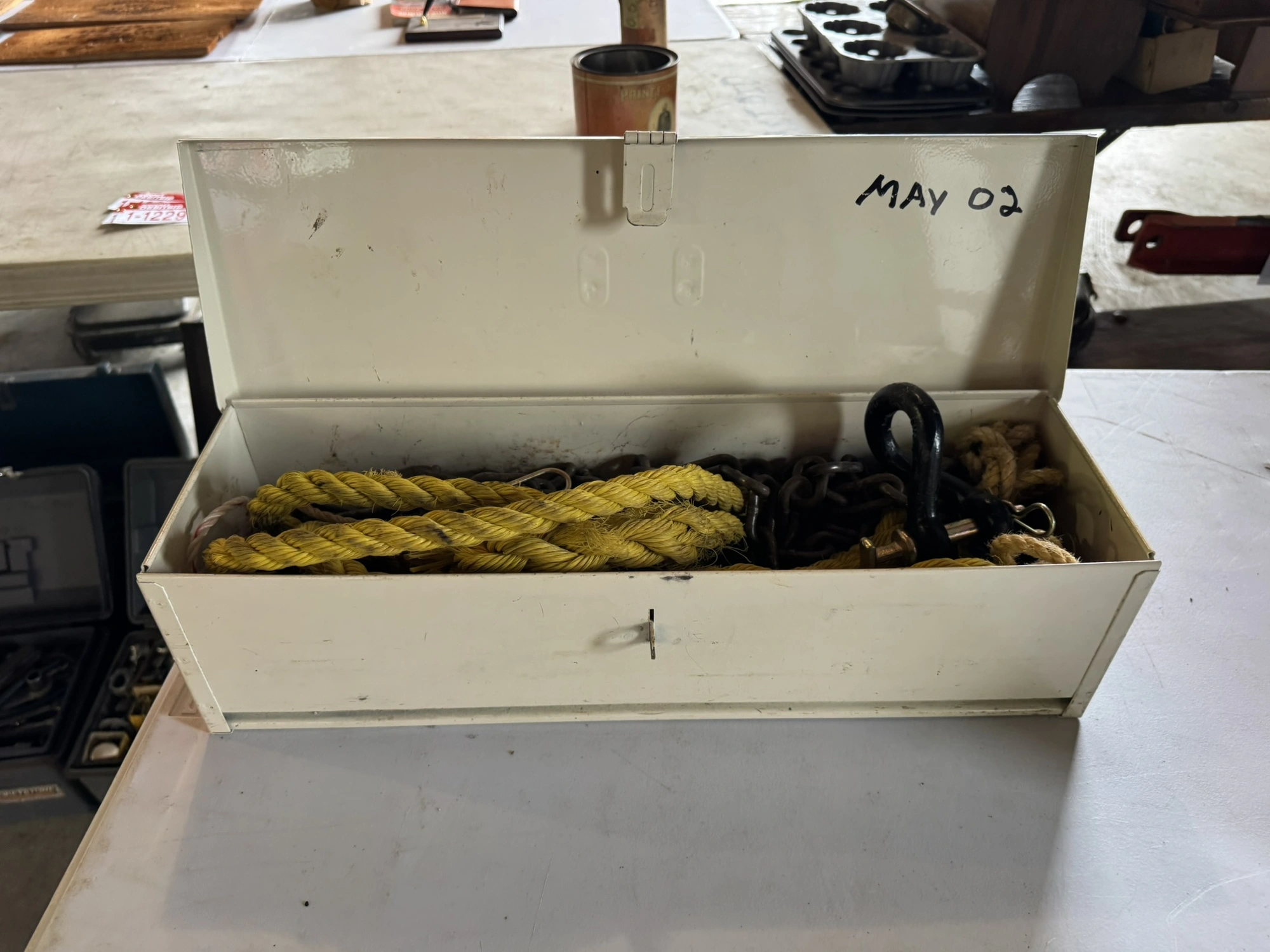 Lot of assorted ropes, chains, and case.