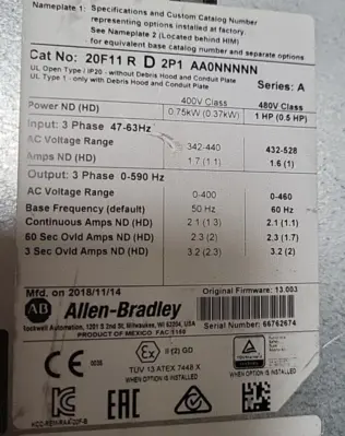 Allen-Bradley PowerFlex 755 AC Drive 20F11RD2P1AA0NNNNN Ser. A (BIN3.2.2)