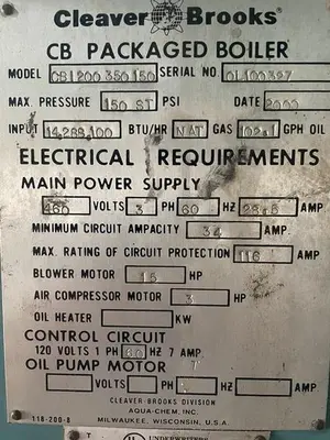 USED 2000 CLEAVER BROOKS CBI-200-350-150 PSI