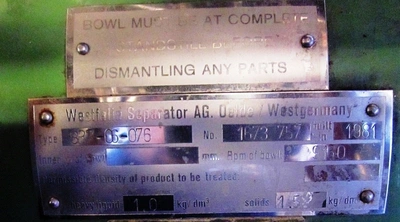Westfalia SB 7-06-076 clarifier centrifuge, 316SS.