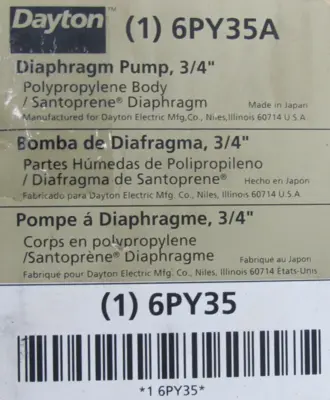 NEW DAYTON 6PY35A DIAPHRAGM PUMP 3/4"