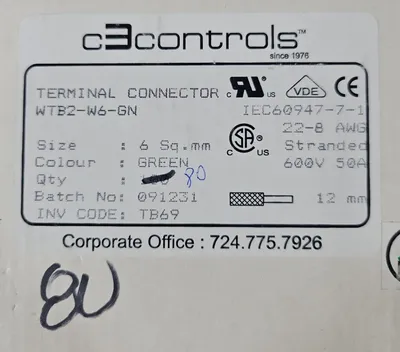C3CONTROLS WTB2-W6-GN TERMINAL BLOCK CONNECTORS 600V 50A-Box with 80 Loc3E-38