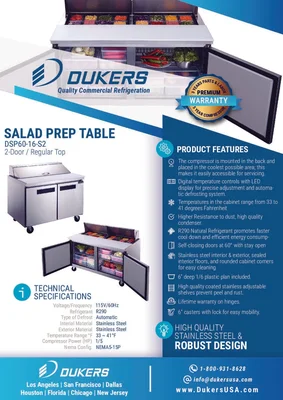 New | in-Stock Dukers New Dukers DSP60-16-S2 2-Door Commercial Food Prep Table Refrigerated in Stainless Steel Food Prep Tables Illinois US | Falcon Restaurant Supply #1376296
