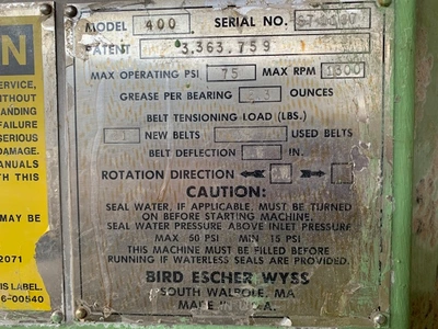 Bird Escher Wyss Pressure Screen Model 400 Stainless