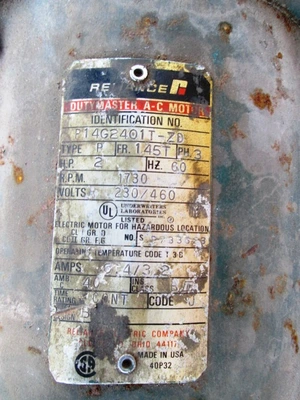 2 HP Reliance Electric Motor, 1730 RPM, XP Tagged