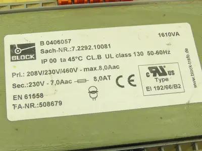 Block B 0406057 AC Control Power Transformer HV 460V LV 230V Off AS25T Kaeser