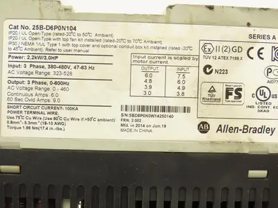 Allen Bradley 25B-D6P0N104 Powerflex 525 3Hp VFD AC Drive 480V 50/60Hz FRN 2.002