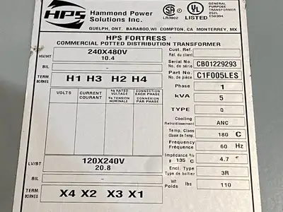 New | in-Stock Hammond Power Solutions Transformer 1-Phase 240/480VAC Primary 120/240VAC Secondary 5kVA Distribution Transformers Michigan US | Maverick Industrial Sales #1402405