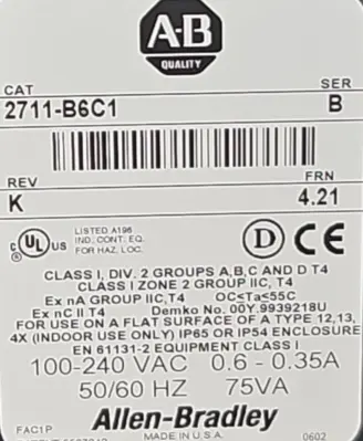 Allen Bradley 2711-B6C1 SerB 100-240 VAC 0.6-0.35A 50/60HZ 75 VA Loc2C
