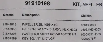 NEW 91910198 PUMP IMPELLER KIT SL,4095,X4C 91841018 03013380C