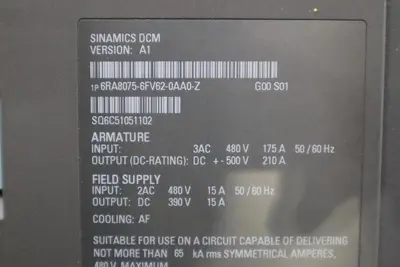 Siemens 6RA8075-6FV62-0AA0-Z G00 S01 DRIVE ARMATURE INPUT 50-480VAC - STK 5121CC