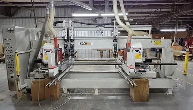 KOCH SBD-B DOUBLE-END FEED-THROUGH TRIM, BORE, GLUE, & DOWEL MACHINE