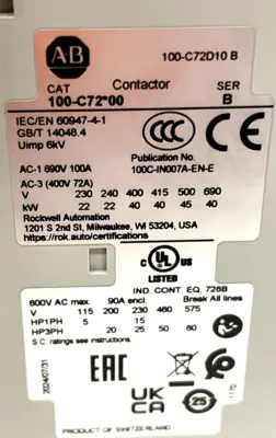 ALLEN BRADLEY 100-C72D10 CONTACTOR SER. B 100C72D10 NEW, SURPLUS