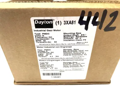 New | in-Stock Dayton Right Angle DC Gearmotor 90V DC, TENV, 40 RPM, 82 in-lb Max Torqu Gearmotors Michigan US | Maverick Industrial Sales #1394538
