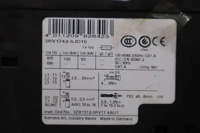 SIEMENS SIRIUS 3RV1742-5JD10 CAT.A 50/60Hz IEC/EN 60947-2 CIRCUIT BREAKER #5428