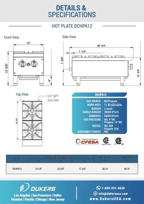 New | in-Stock Dukers New Dukers DCHPA12 Hot Plate with 2 Burners Hot Plates Illinois US | Falcon Restaurant Supply #1376248