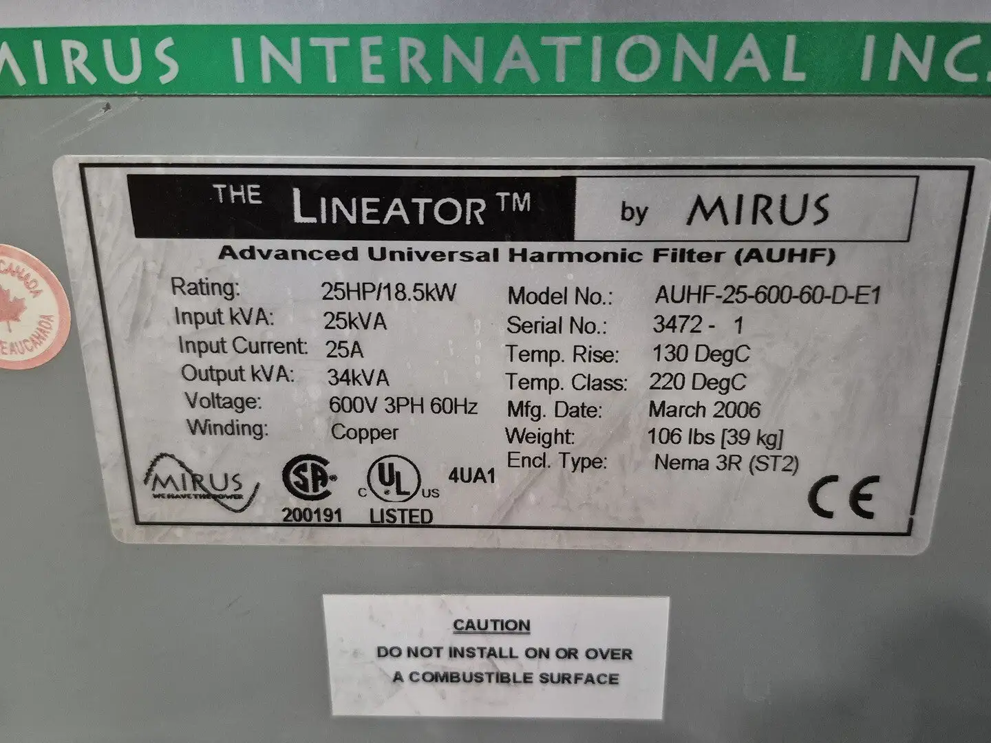 Used 2006 MIRUS AUHF-25-600-60-D-E1 Transformers British Columbia CA | Lenmark #327852