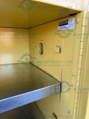 USED SECURALL 4 GALLON FLAMMABLE LIQUID STORAGE CABINET W/ SOFT CLOSE DOOR, SHELVES