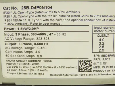 Allen Bradley 25B-D4P0N104 PowerFlex 525 AC Drive 1.5kW 2Hp 480V 3ph FRN 5.002