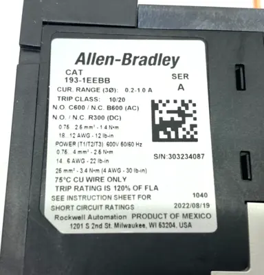 New | in-Stock Allen Bradley Ser. A IEC Overload Relay, Direct Mount, .2-1.0A Relays & Switches Michigan US | Maverick Industrial Sales #1391367