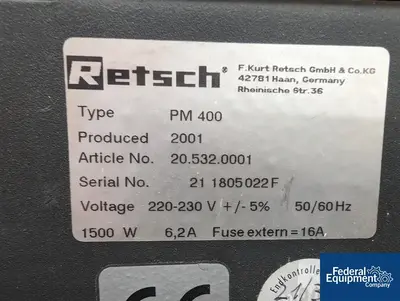 USED Retsch Retsch Ball Mill, Model PM400