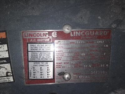 250 HP Lincoln AC Motor, 1775 RPM, ODP, 445T Frame