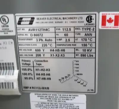 New | in-Stock BEAVER AVR112TH4C Transformers British Columbia CA | Lenmark #265781