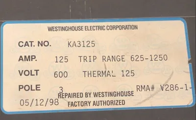 WESTINGHOUSE KA3125 CIRCUIT BREAKER 600V, 3 POLE, REPAIRED