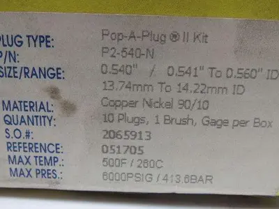 Expansion Seal Technologies P2-540-N Pop-A-Plug P2 High Pressure Tube Plug Kit