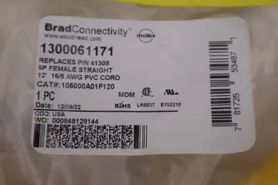 Brad Connectivity 1300061171 41308 5P Female Straight 12' 16/5 AWG PVC Cord NEW