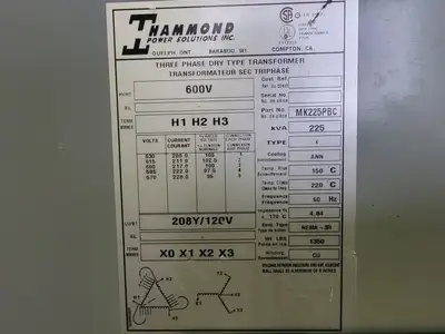225 kVA Transformer 600 Pri. Volts, 208Y/120 Sec. Volts MK225PBC