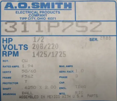 NEW A.O. SMITH 311P752 MOTOR .5HP 5/8"x2" 208/220V