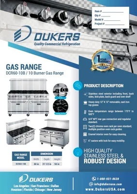 New | in-Stock Dukers New Dukers DCR60-10B 60" Gas Cooktop Range with Ten (10) Open Burners Commercial Ranges Illinois US | Falcon Restaurant Supply #1376279
