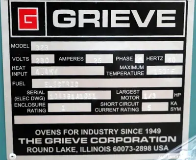 Used Grieve Model 323 Bench Oven – 36" x 22" x 42", 150°F, 5 Shelves