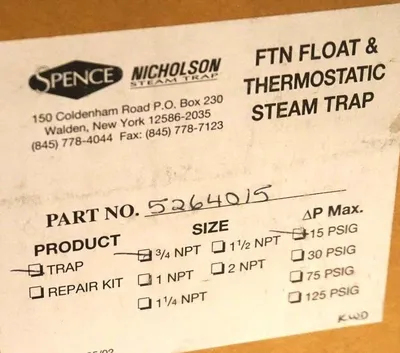 NEW NICHOLSON 5264015 FTN FLOAT AND THERMOSTATIC STEAM TRAP 3/4", 15PSI