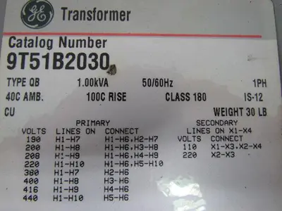 GE General Electric 9T51B2030 Type QB Multi-Tap Transformer 1.00 KVA Class 180