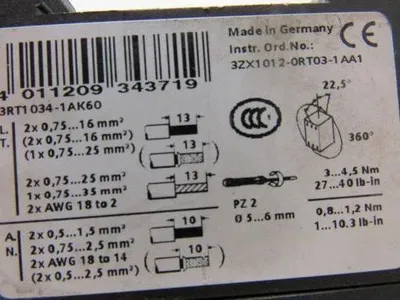 Siemens 3RT1 034-1AK60 Sirius Contactor 45A 600V
