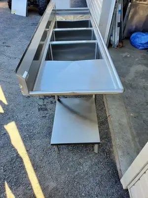 Winholt 10'  3 Comp. Sink w/  2 DRBD & 2 Shelves.  New Encore Fixtures & Drains
