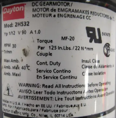 NEW DAYTON 2H532 GEARMOTOR 90V 1/12HP
